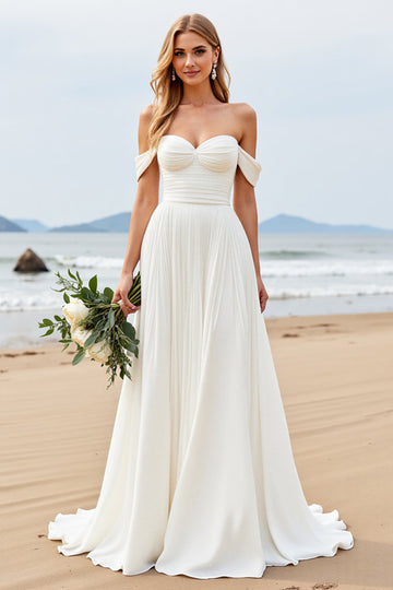 A Line Ivory Off The Shoulder Ruched Long Wedding Dress